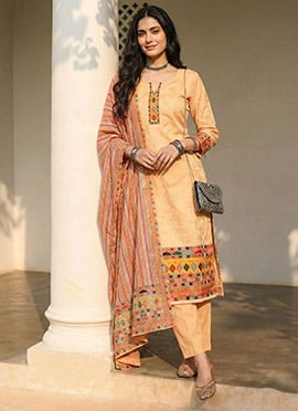Orange Cotton Printed Embroidered Sequins Straight Pant Suit