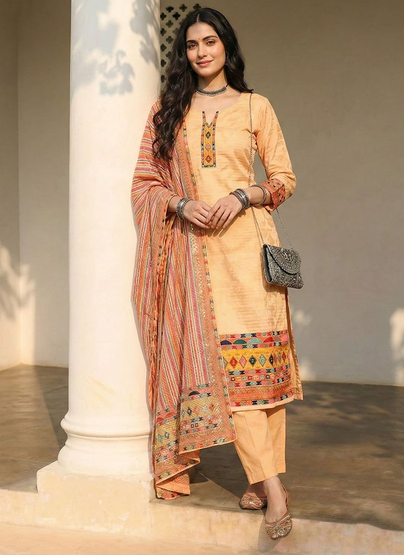 Orange Cotton Printed Embroidered Sequins Straight Pant Suit Festive Wear
