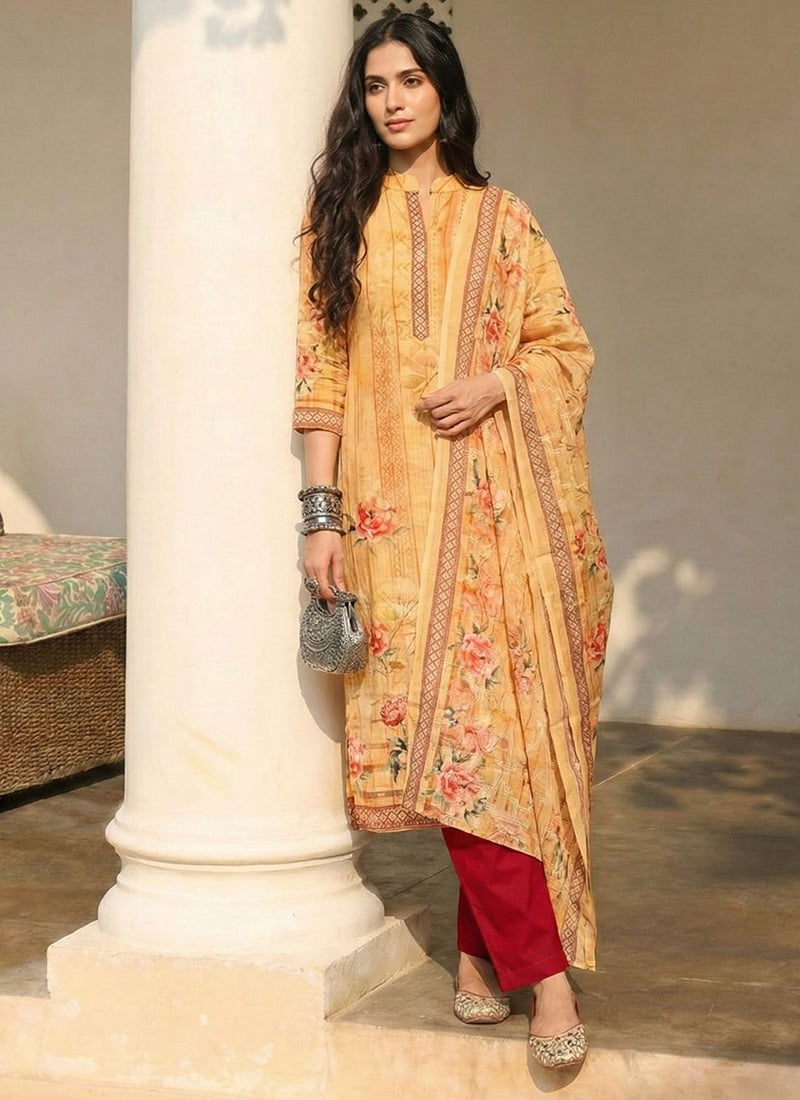 Orange Cotton Printed Embroidered Sequins Straight Pant Suit Festive Wear
