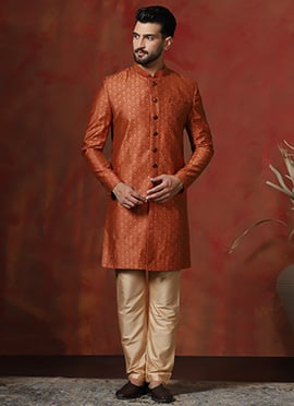 Orange Cotton Printed Indowestern Sherwani Set