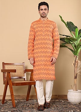 Orange Cotton Printed Kurta For Men