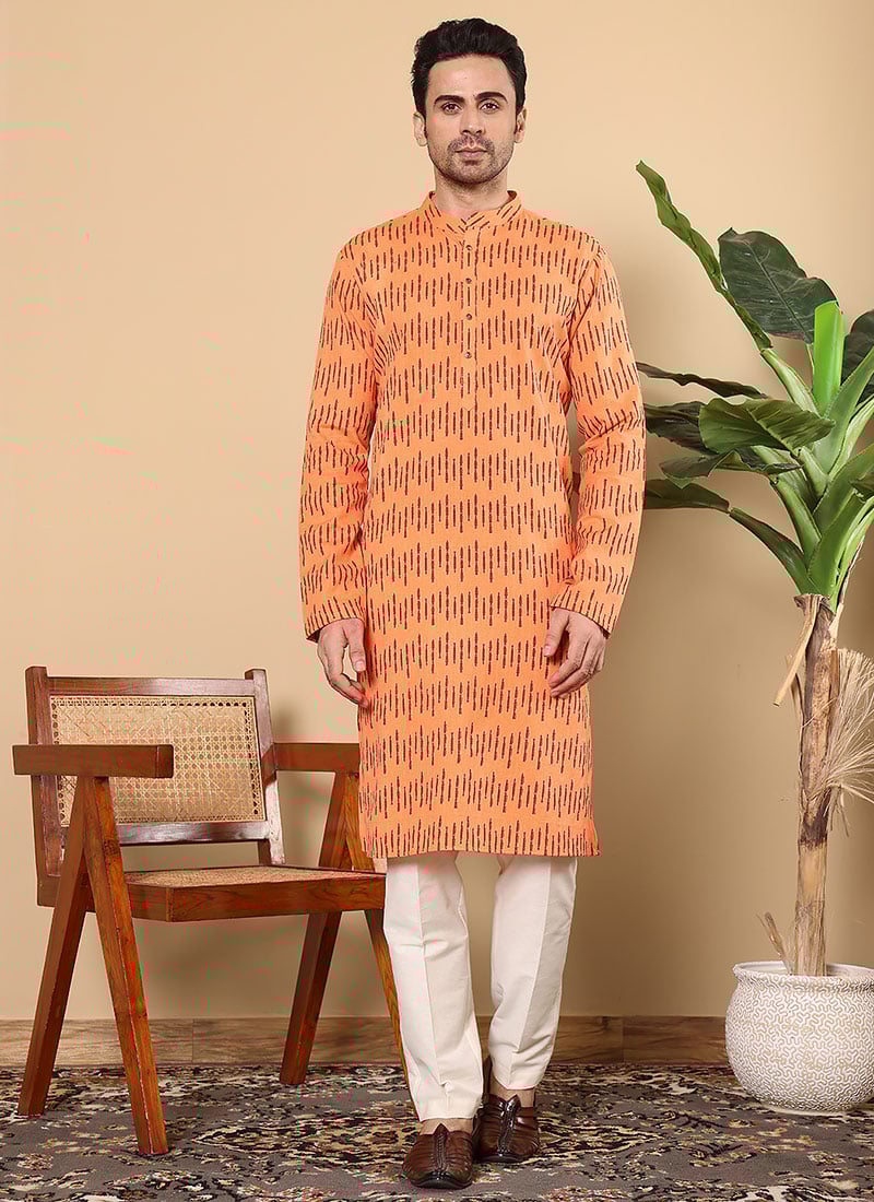 Orange Cotton Printed Kurta For Men