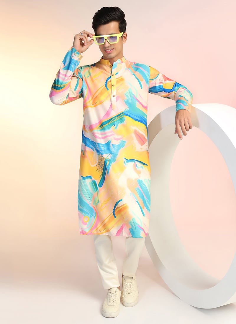 Orange Cotton Printed Kurta Pyjama For Men Festive Wear