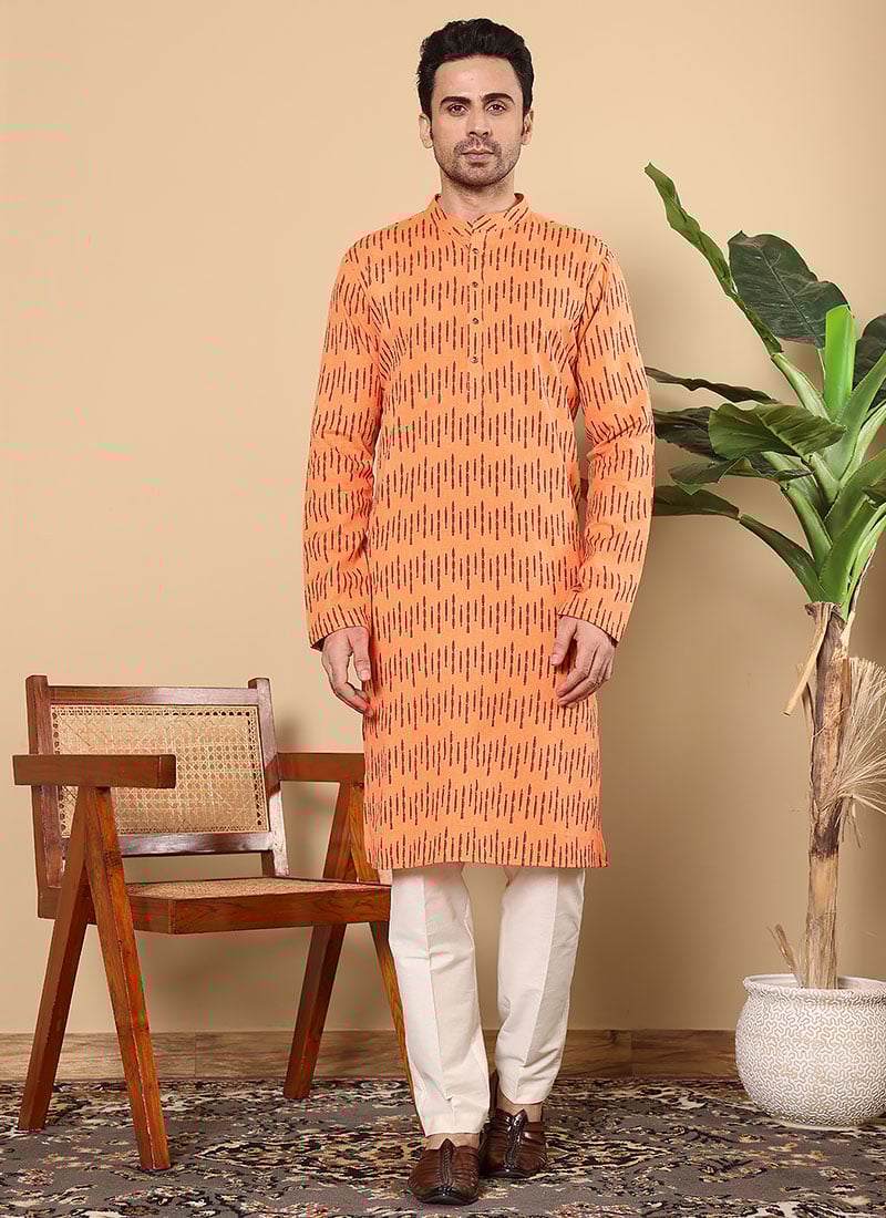 Orange Cotton Printed Kurta Pyjama Festive Wear