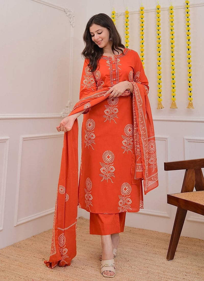 Orange Cotton Printed Straight Pant Suit After Six Wear