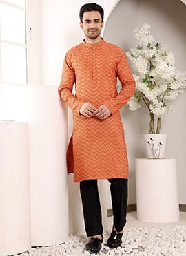Orange Cotton Printed Traditional Kurta For Men