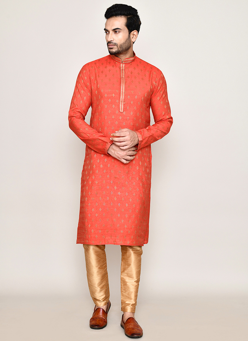 Orange Cotton Silk Jacquard Kurta Pyjama Festive Wear