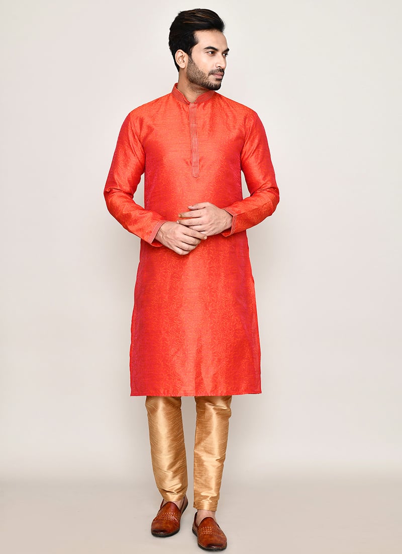 Orange Cotton Silk Jacquard Kurta Pyjama Festive Wear