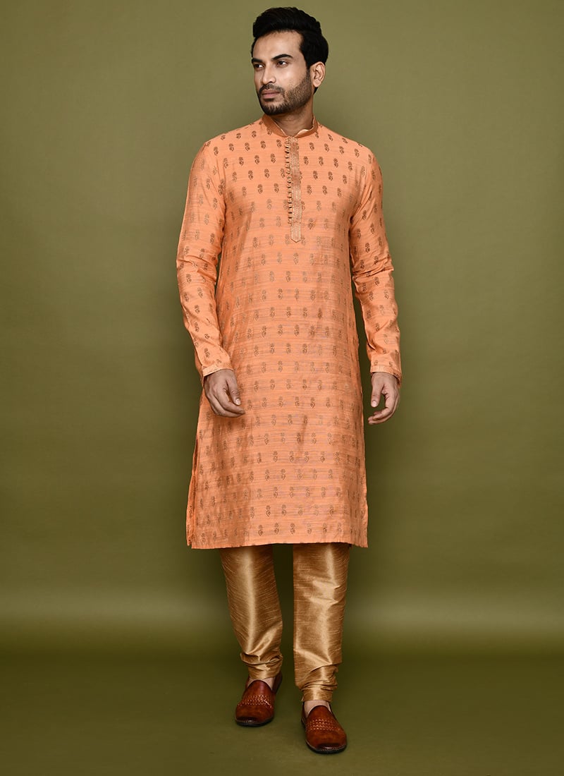Orange Cotton Silk Jacquard Kurta Pyjama Festive Wear
