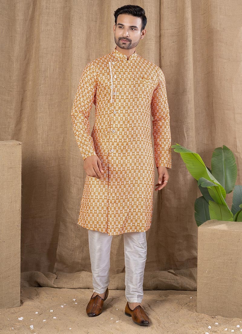 Orange Cotton Silk Printed Indowestern Sherwani Festive Wear