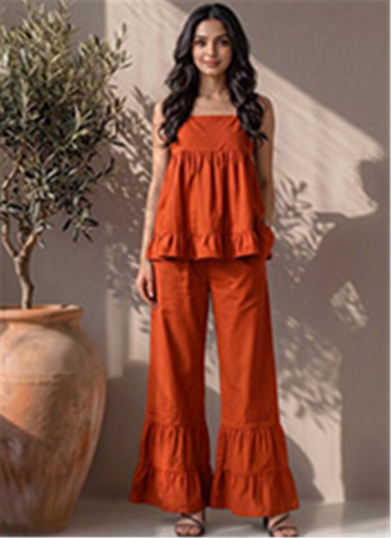 Orange Cotton Sleeveless Ruffle Hem Co Ord Set After Six Wear