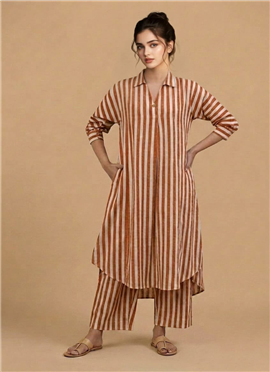 Orange Cotton Striped Kurta Set
