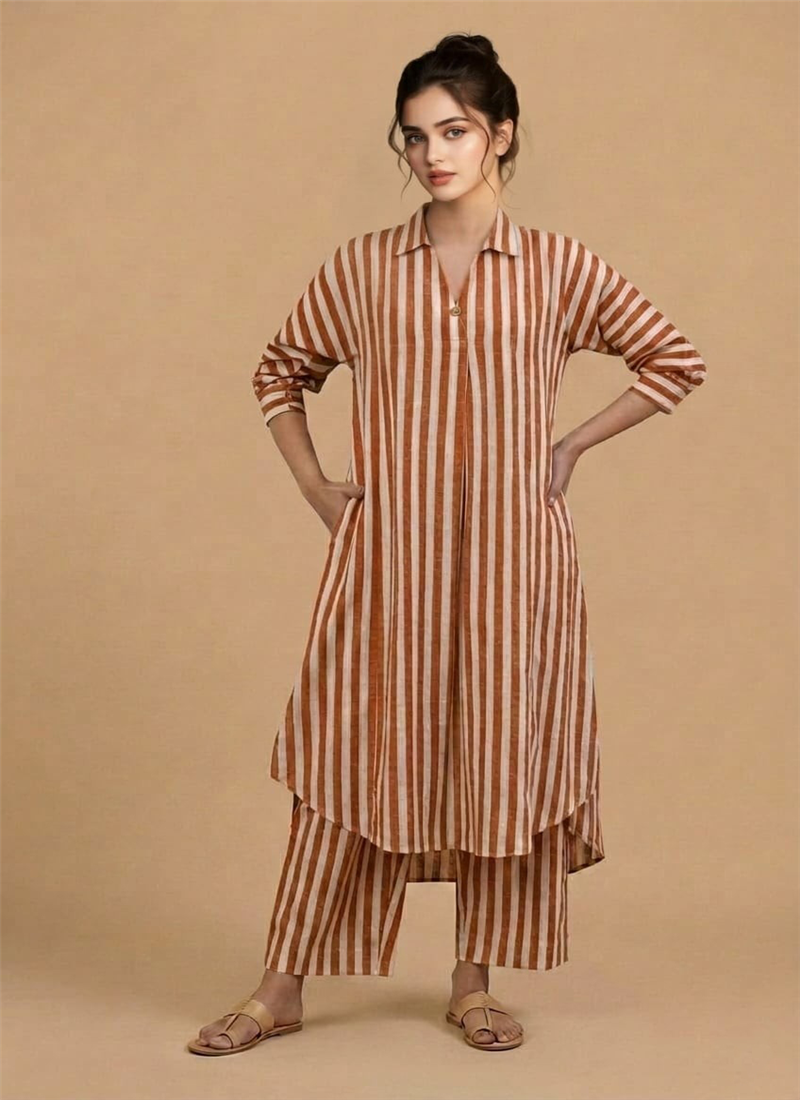 Orange Cotton Striped Kurta Set After Six Wear