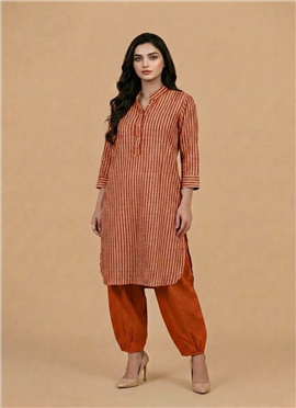 Orange Cotton Striped Kurta Set