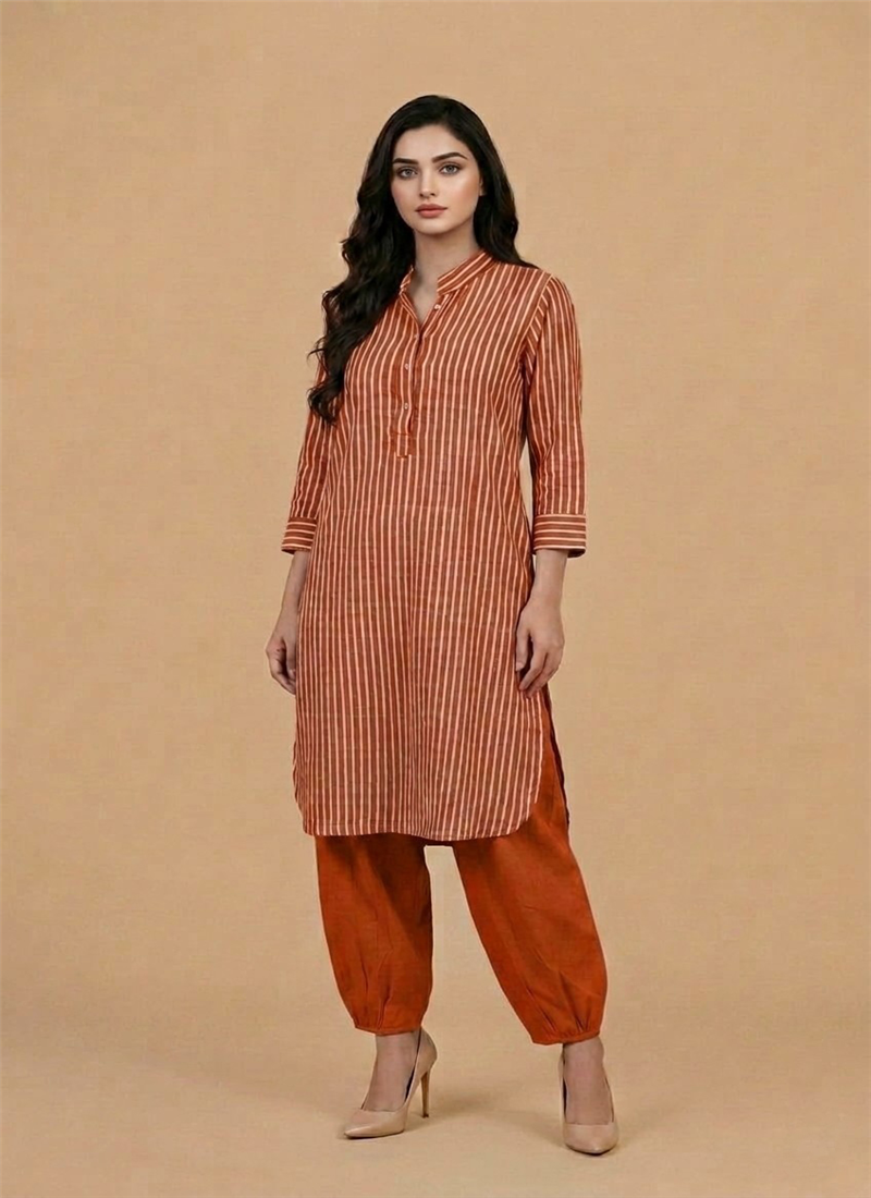 Orange Cotton Striped Kurta Set After Six Wear