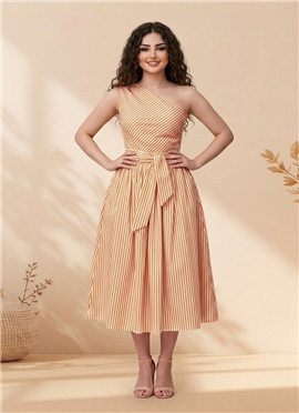 Orange Cotton Striped One Shoulder Midi Dress