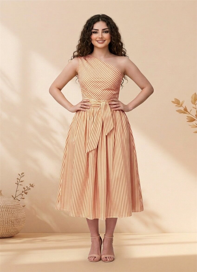 Orange Cotton Striped One Shoulder Midi Dress Party Wear