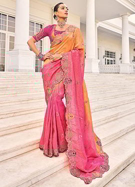 Orange Crepe Jacquard Zari Resham Beads Zarkan Stones Cutdana Saree