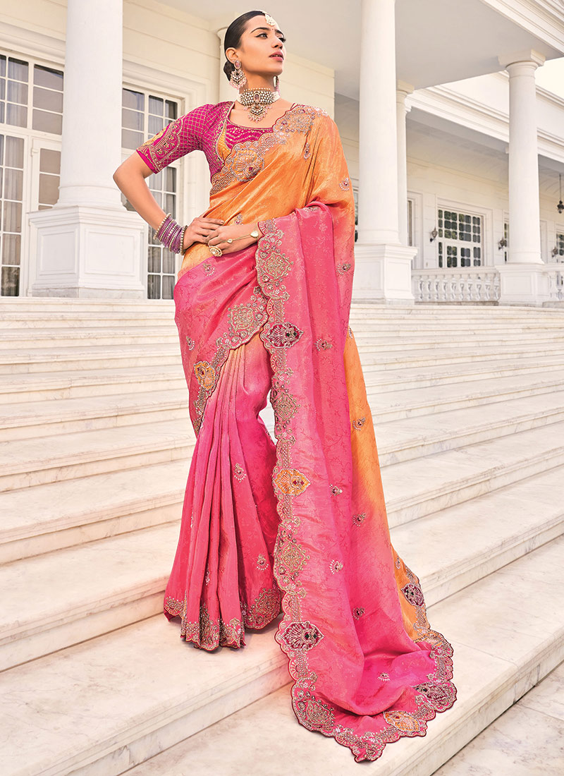Orange Crepe Jacquard Zari Resham Beads Zarkan Stones Cutdana Saree Wedding Wear