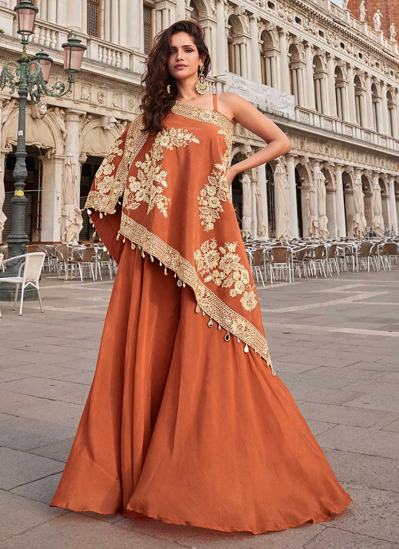 Orange Crepe Sequins And Beads Embroidered Palazzo Set Wedding Wear