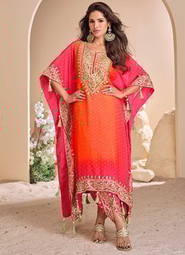 Orange Crepe Silk Embroidered And Printed Indowestern Kaftan Dhoti Set