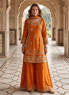 Orange Crepe Silk Embroidered Palazzo Suit