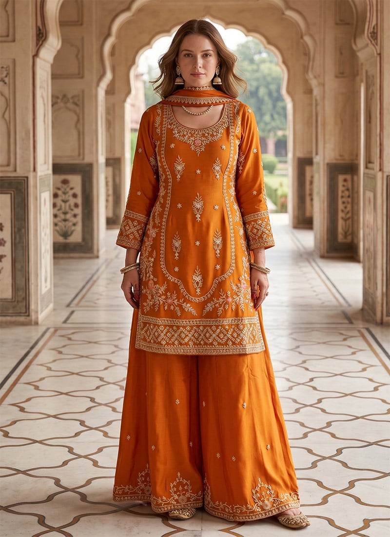 Orange Crepe Silk Embroidered Palazzo Suit After Six Wear
