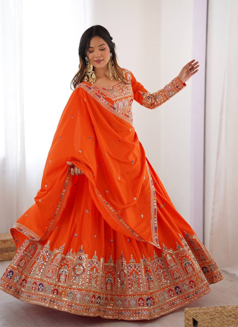 Orange Crepe Silk Embroidered Sequins Lehenga Wedding Wear