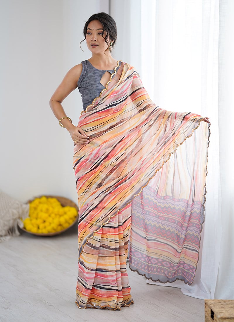 Orange Digital Print Faux Georgette Saree After Six Wear