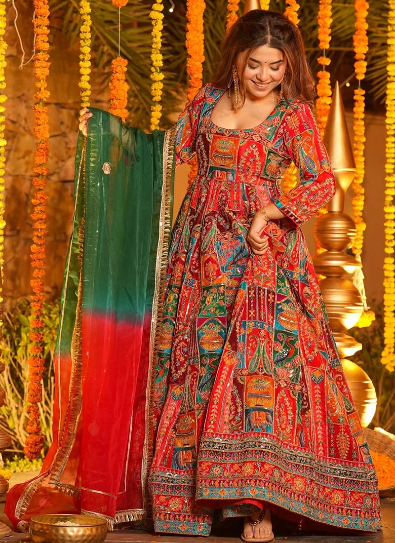 Orange Digital Print Gota Mirror Work Crepe Anarkali Suit Festive Wear