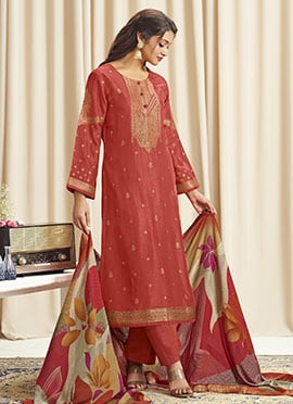 Orange Dola Silk Jacquard Digital Print Straight Pant Suit