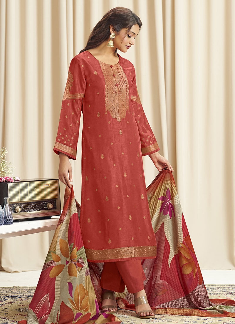 Orange Dola Silk Jacquard Digital Print Straight Pant Suit After Six Wear