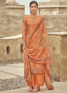 Orange Dola Silk Jacquard Floral Printed Palazzo suit