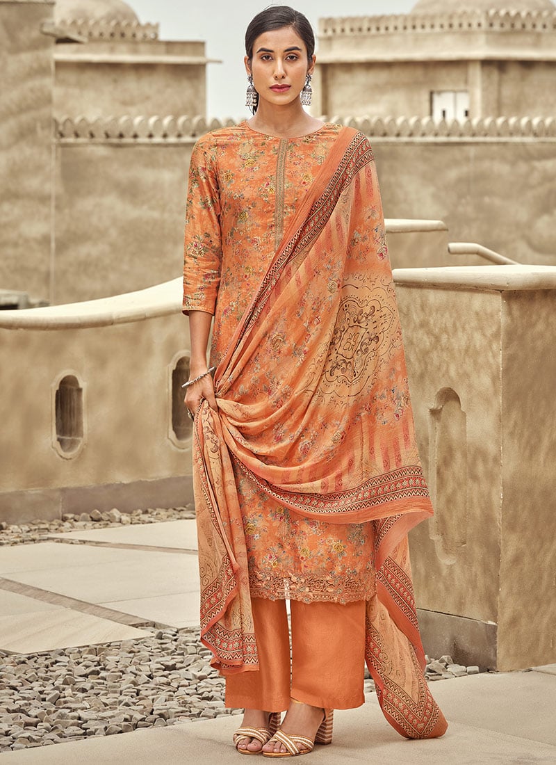 Orange Dola Silk Jacquard Floral Printed Palazzo suit Party Wear