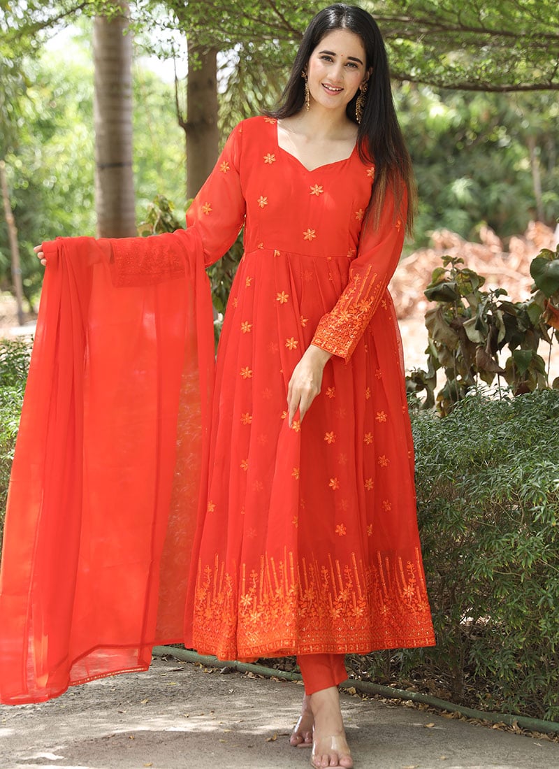 Orange Dreams A Embroidered Faux Georgette Anarkali Suit After Six Wear