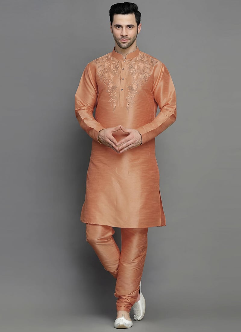 Orange Dupion Embroidered Kurta Pyjama Festive Wear