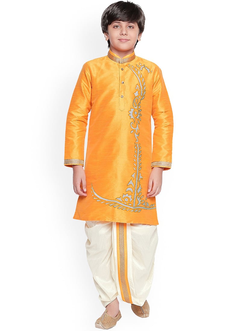 Orange Dupion Silk Embroidered Kurta Pyjama Party Wear