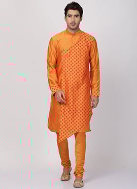 Orange Dupion Silk Printed Kurta Pyjama