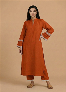 Orange Ember Glow Muslin Cotton Kurta Set