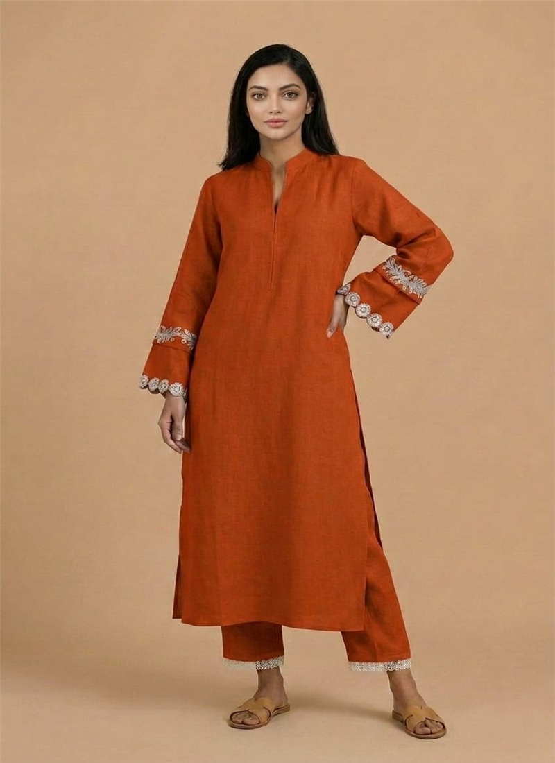 Orange Ember Glow Muslin Cotton Kurta Set After Six Wear