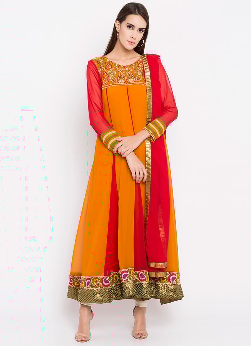 Orange Embroidered Anarkali Suit Party Wear