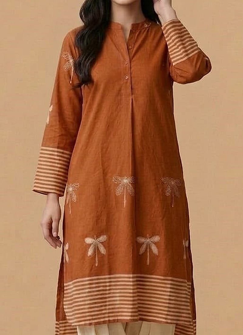 Orange Embroidered Cotton Fabric