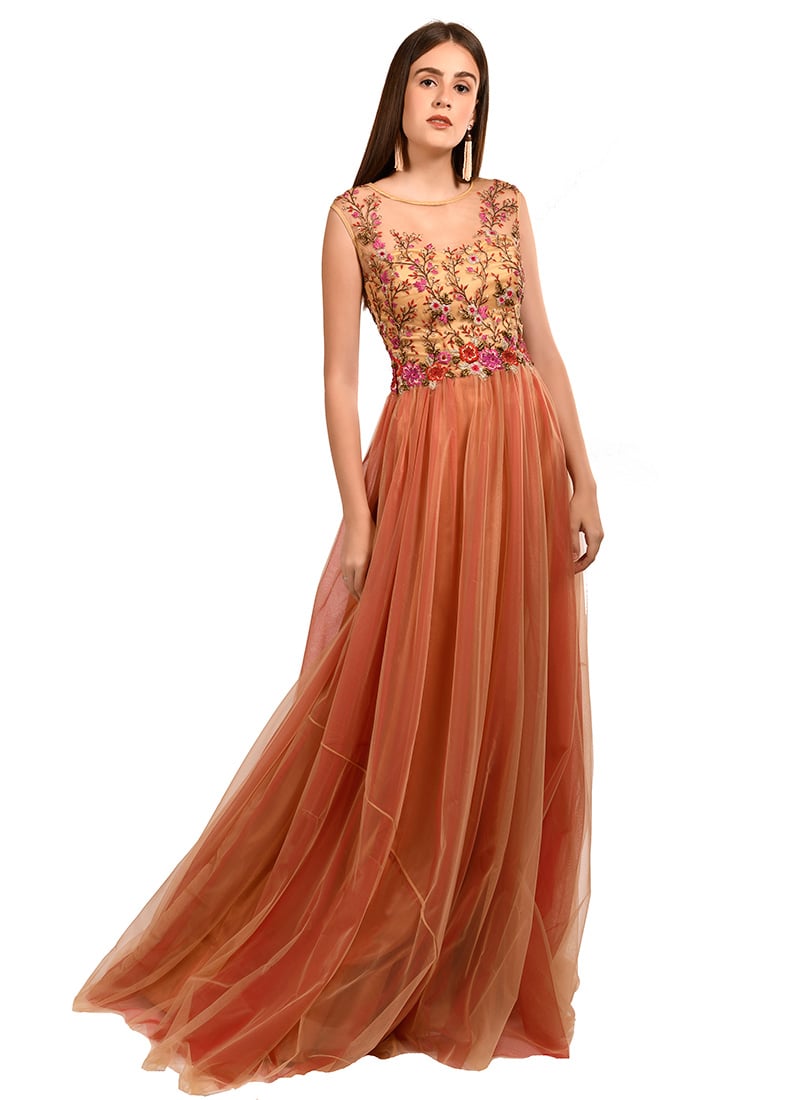 Orange Embroidered Gown Party Wear