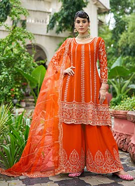 Orange Embroidered Mirror Work Chinon A Line Palazzo Suit