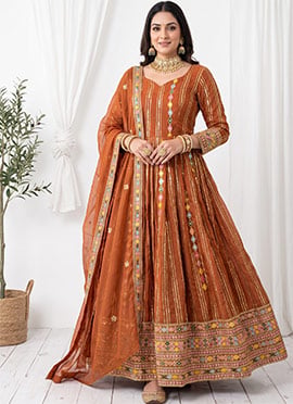 Orange Embroidered Sequins Georgette Anarkali Suit