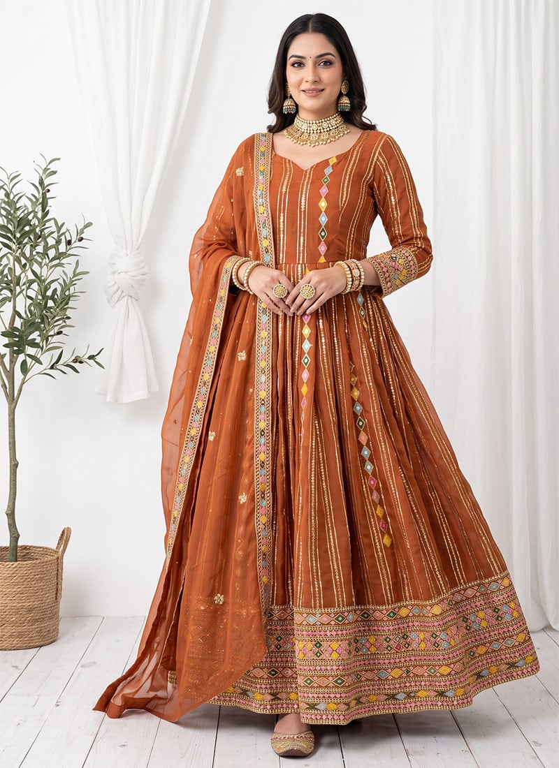 Orange Embroidered Sequins Georgette Anarkali Suit Festive Wear