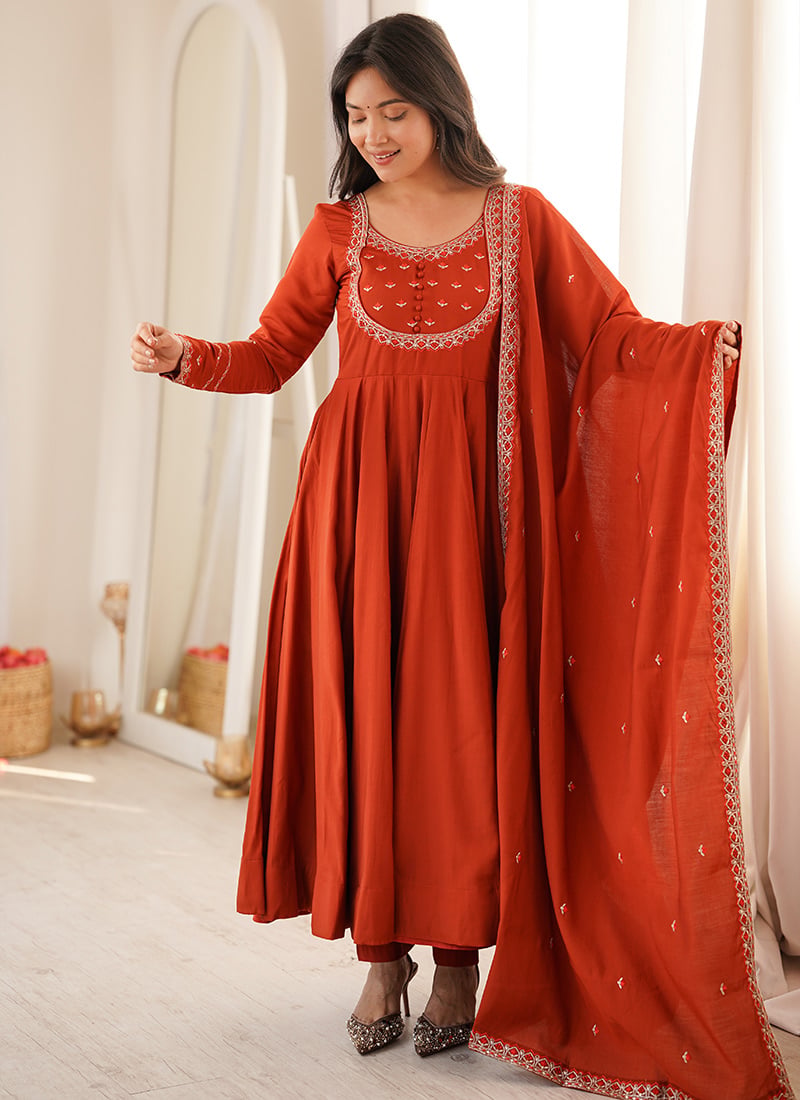 Orange Embroidered Silk Anarkali Suit Festive Wear