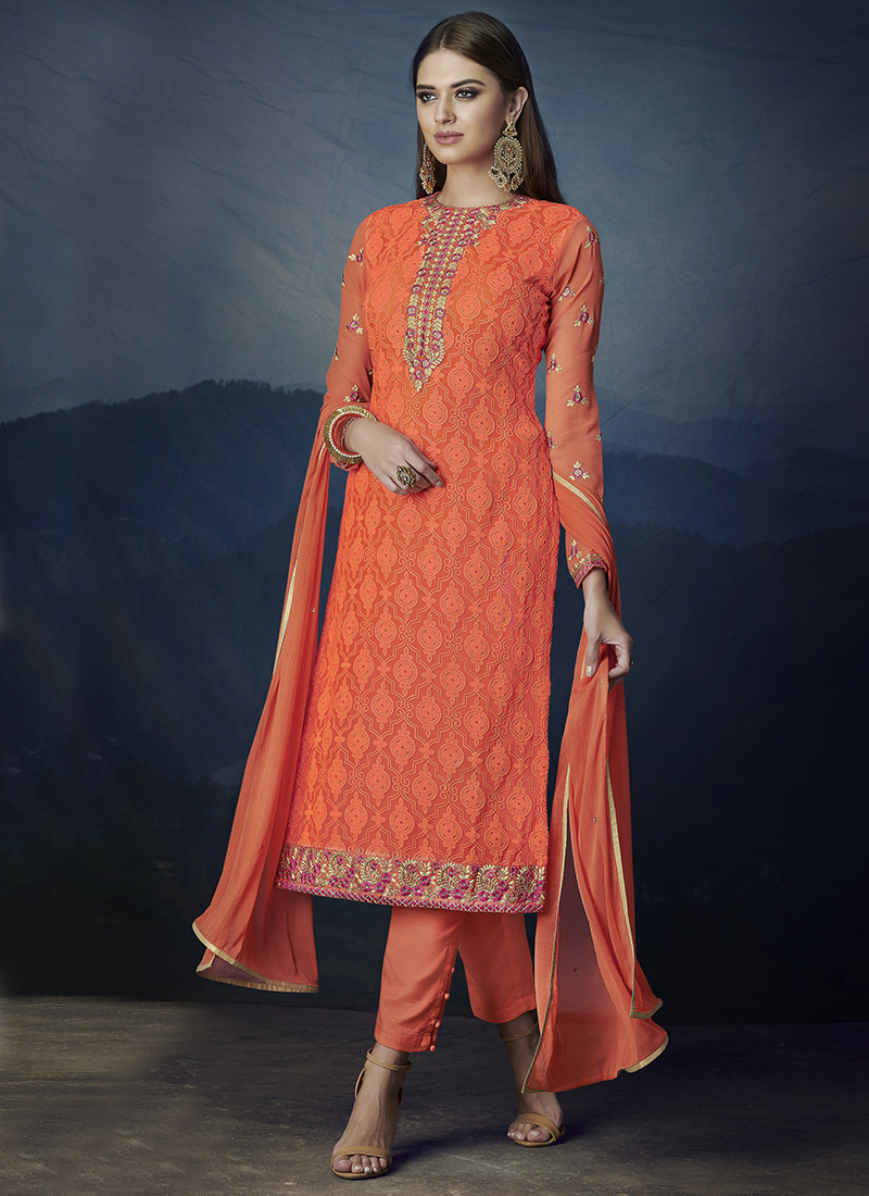 Buy Orange Embroidered Straight Pant Suit Party Wear, Embroidered