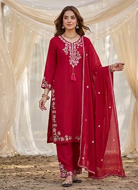 Orange Embroidered Vichitra Silk Straight Pant Kurta Set