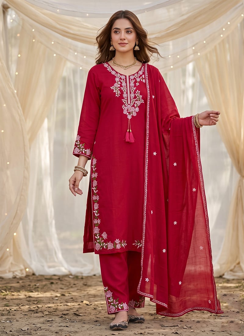 Orange Embroidered Vichitra Silk Straight Pant Kurta Set Festive Wear